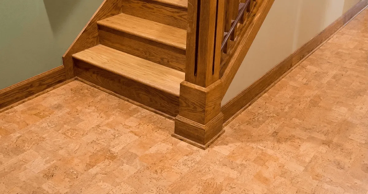 End of a staircase with cork flooring in Stockton, CA